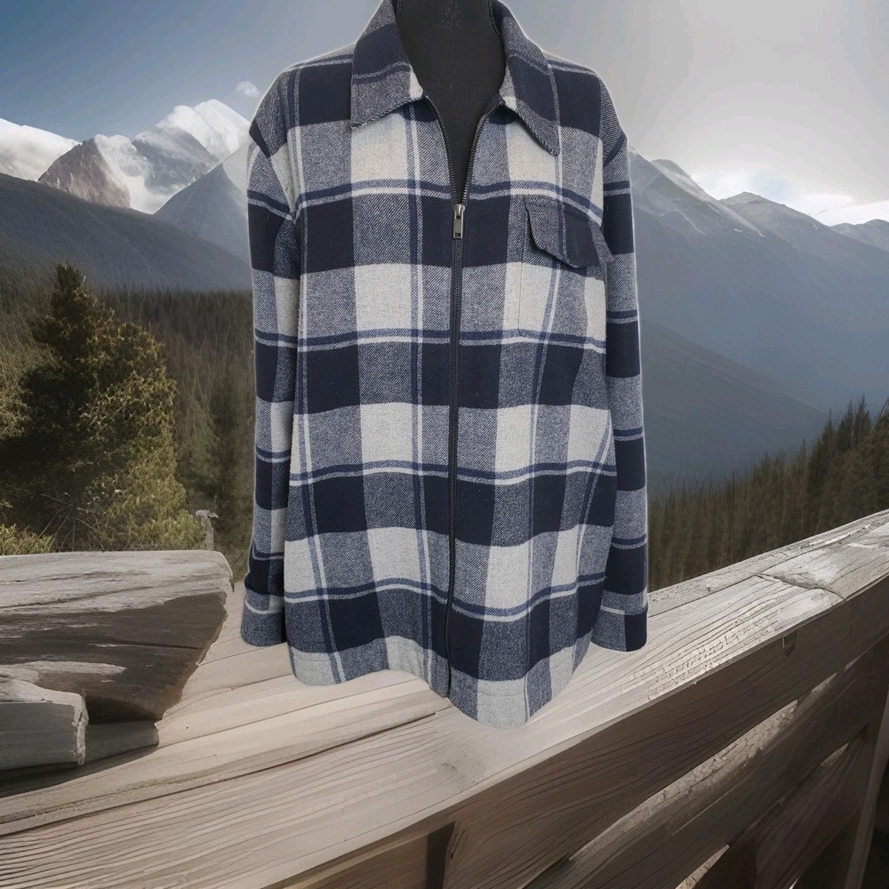 Jos A Bank 1905 Blue Gray Plaid Shacket Shirt Jacket Size XL Wool Lined Zip Up